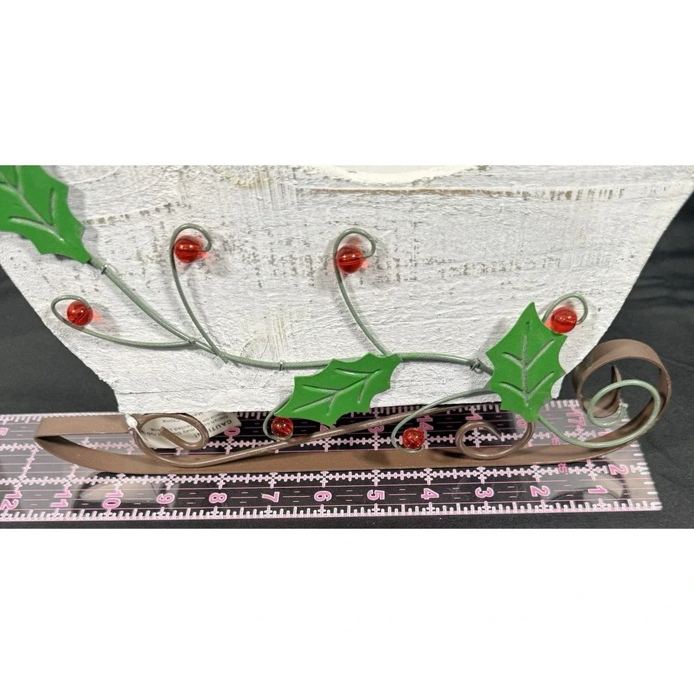 Christmas Decorative Sleigh White Rustic Wood Holly Berry